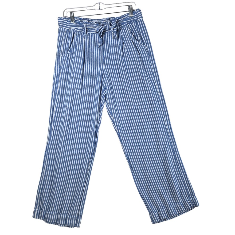 Jolt Striped Linen Blend Paperbag Waist Pants Blue White Large Summer, Coastal